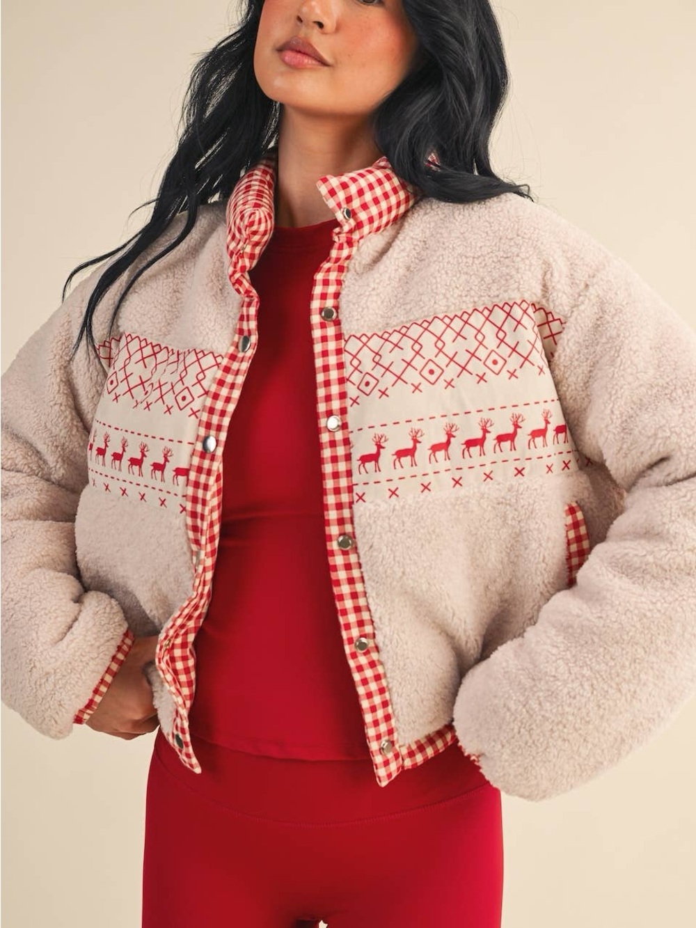 NWT The Reindeer Sugar Cookie Sherpa Jacket Red Fair Isle Trim Size Medium